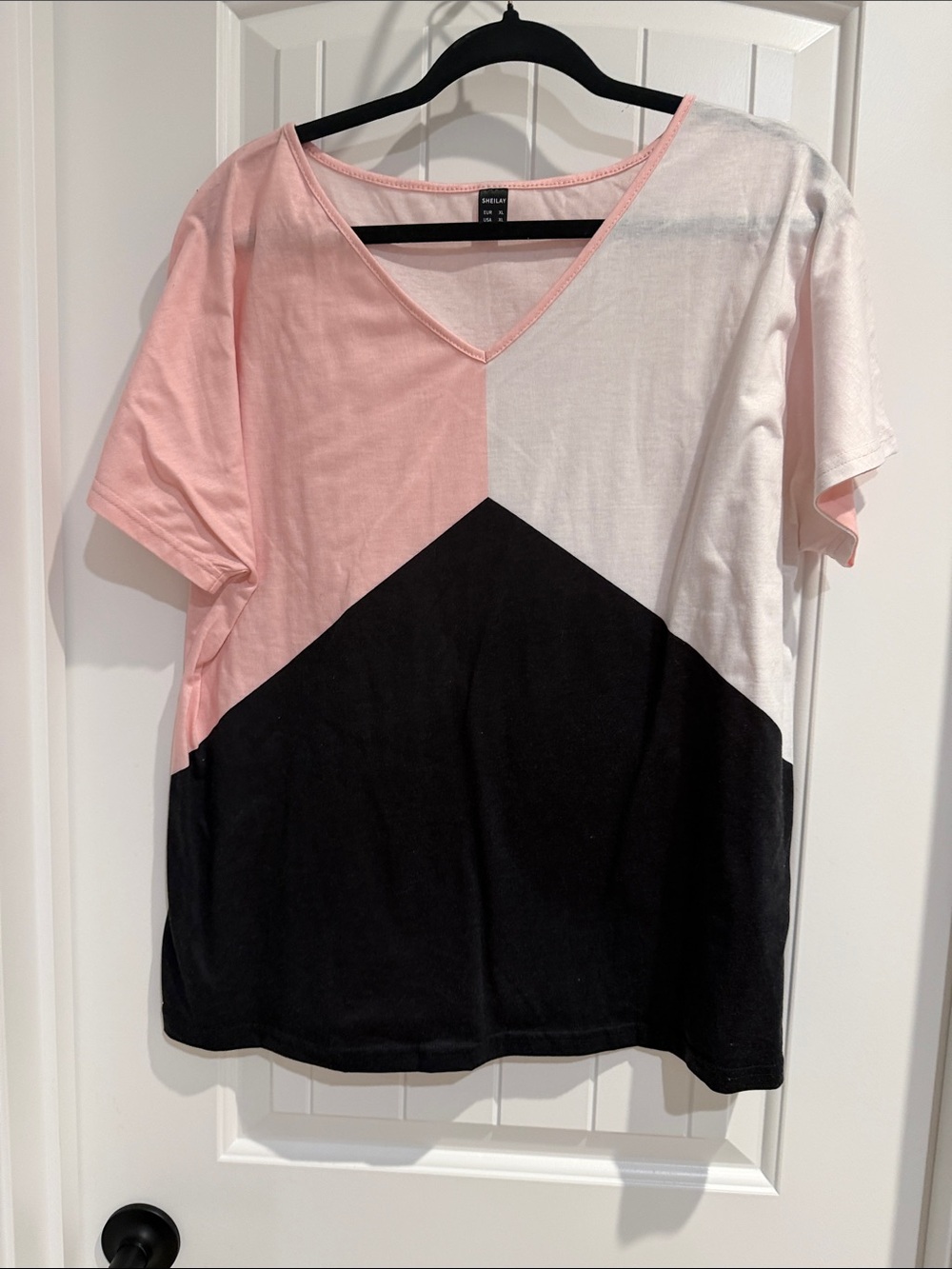 Colorblock V-Neck Short Sleeve Tee - Pink/White/Black